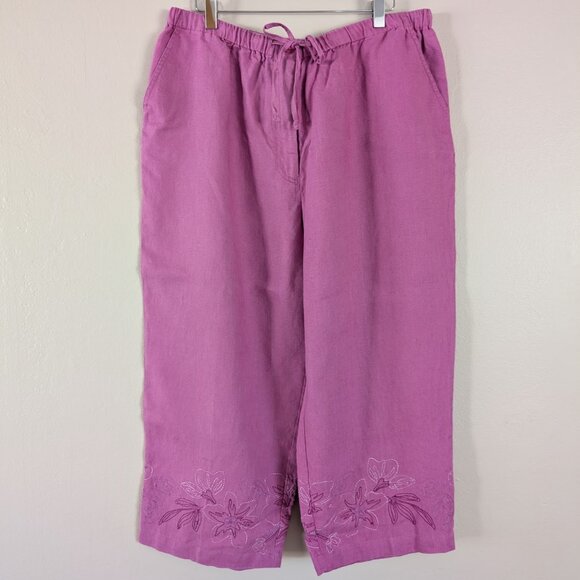 High Waisted Purple Wide Leg Linen Pants‎ with Floral Embroidery - Plus Size 18 - Picture 1 of 12
